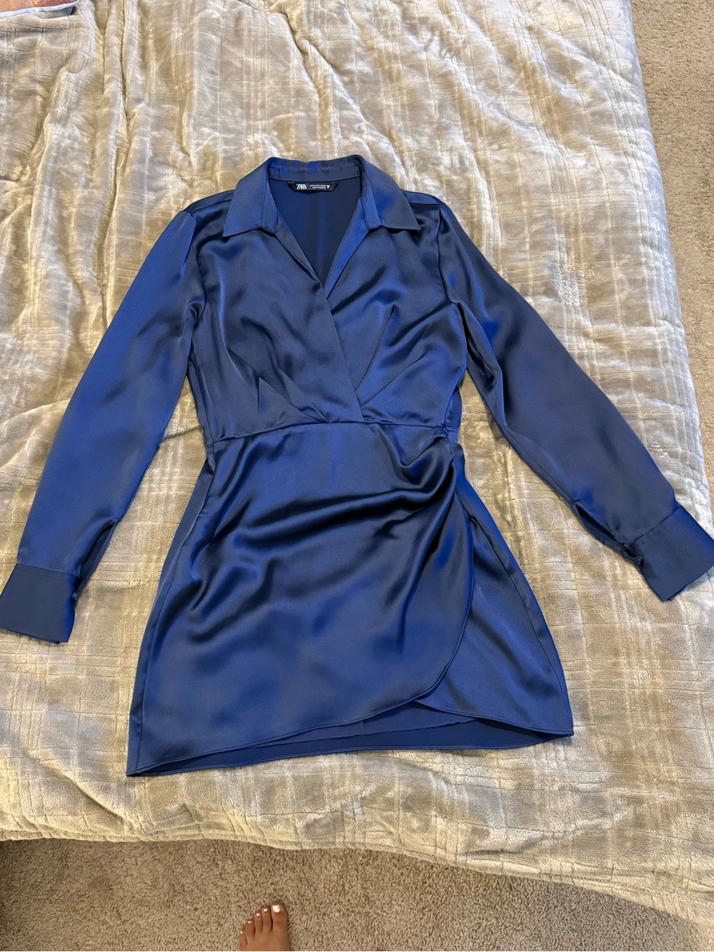 Zara Blue Satin Wrap-Style Long Sleeve Dress